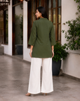 Olive green shirt & white plazzo printed co-ord set