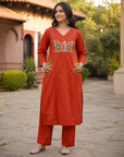 Rust orange embroidered kurta pant set