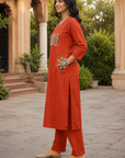Rust orange embroidered kurta pant set