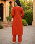 Rust orange embroidered kurta pant set
