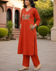Rust orange embroidered kurta pant set