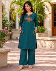 Teal green embroidered kurta pant set