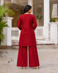 Cherry red embroidered kurta plazzo set