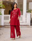 Cherry red embroidered kurta plazzo set
