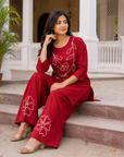 Cherry red embroidered kurta plazzo set
