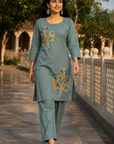Sage green embroidered kurta pant set