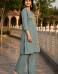 Sage green embroidered kurta pant set