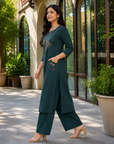 Teal green embroidered kurta pant set