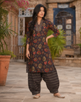 Black floral printed kurta with patiala pant set