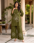 Olive green embroidered kurta pant set