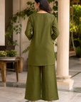 Olive green embroidered kurta pant set