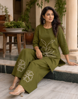 Olive green embroidered kurta pant set