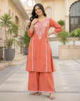 Peach embroidered kurta palazzo set