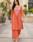 Peach embroidered kurta palazzo set