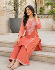 Peach embroidered kurta palazzo set