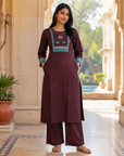 Coffee brown embroidered kurta pant for