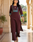 Coffee brown embroidered kurta pant for
