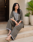 Grey embroidered cotton blend co-ord set