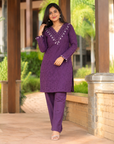 Purple embroidered cotton kurta pant set