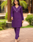Purple embroidered cotton kurta pant set