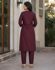 Maroon embroidered cotton kurta pant set