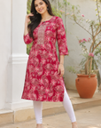 Pink floral printed straight kurti