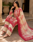 Cream & red printed 3-piece kurta set