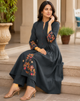 Charcoal grey cotton dabu embroidered frock kurta set