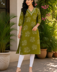 Olive green floral printed straight kurti