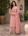 Baby pink embroidered 3-piece kurta set