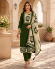 Olive green printed 3-piece kurta set