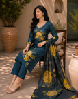 Teal Blue floral printed 3-piece kurta set
