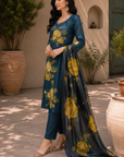 Teal Blue floral printed 3-piece kurta set
