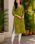 Olive green floral printed straight kurti