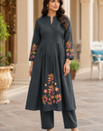Charcoal grey cotton dabu embroidered frock kurta set