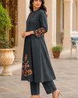 Charcoal grey cotton dabu embroidered frock kurta set