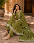 Olive green embroidered 3-piece set