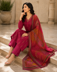 Magenta printed 3-piece kurta set