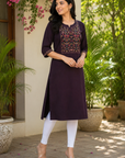 Deep purple embroidered straight kurti