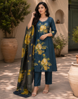 Teal Blue floral printed 3-piece kurta set