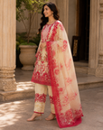 Cream & red printed 3-piece kurta set