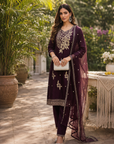 Wine embroidered 3-piece kurta set