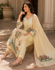 Cream ethnic printed 3-piece kurta set