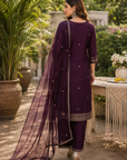 Wine embroidered 3-piece kurta set