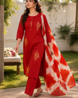 Red embroidered kurta set