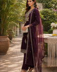 Wine embroidered 3-piece kurta set