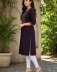 Deep purple embroidered straight kurti
