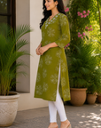Olive green floral printed straight kurti