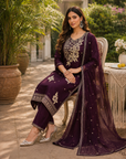Wine embroidered 3-piece kurta set
